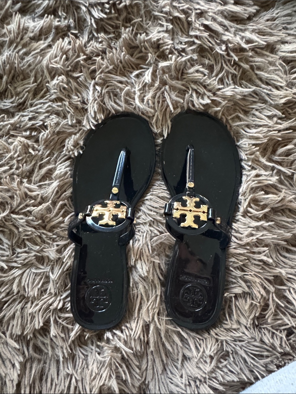 Tory Burch Black Patent Miller Sandals with Gold Logo